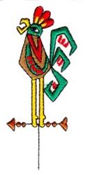 Whimsical rooster in vibrant reds and greens perched on a weather vane, perfect for colorful country decor.