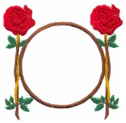 Applique circular frame with two vibrant red roses and green leaves, perfect for romantic occasions.