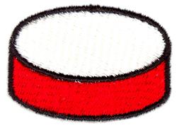 Bold round object with a red base and white top outlined in black, showcasing vibrant colors in a minimal design.