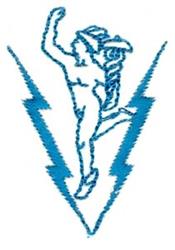 Stylized runner in motion with bold lightning bolts, vibrant blue tones, capturing athletic energy and agility.