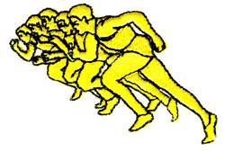 Dynamic running figures in yellow, outlined simply to emphasize movement and athleticism.