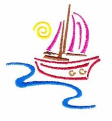 Playful sailboat with a pink sail gliding on blue waves beneath a bright yellow sun, perfect for summer.