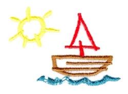 Playful sailboat with a red sail on blue waves under a yellow sun, creating a vibrant summer scene.