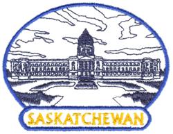 Line art building of Saskatchewan with clouds above and bold yellow text below, perfect for machine embroidery.