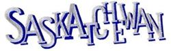 Playful layered text 'SASKATCHEWAN' in vibrant blue and white, showcasing dynamic heights and angles.