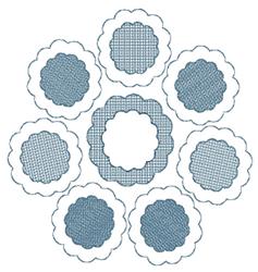 Scalloped frames in various sizes feature grid patterns in muted blue against a white background, enhancing modern decor.