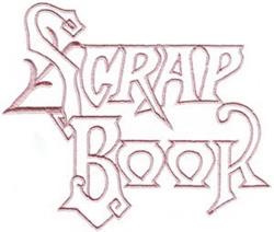 Scrapbook text design featuring 'SCRAP BOOK' in stylized decorative lettering with sharp angles and soft red tones.