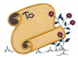 Playful scroll decorated with 'To', surrounded by delicate purple and green flowers, ideal for gifts.