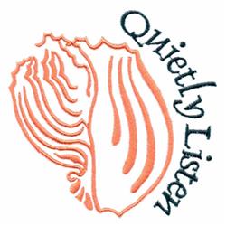 Whimsical peachy-orange seashell with flowing lines and 'Quietly Listen' text, embodying serene coastal charm.