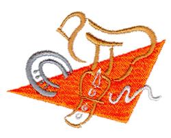 Sewing tools featuring a sleek sewing machine, metallic horseshoe, and vibrant orange triangle backdrop.