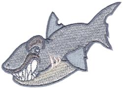Cartoon shark in grey with large teeth and a striking fin, bringing a playful vibe to this design.