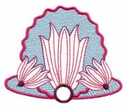 Applique shell adorned with pink floral petals and a circular ring, colorful and playful design.