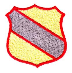 Applique shield emblem with red outline, yellow field, and gray stripe, featuring a bold and colorful design.