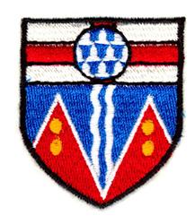Vibrant shield emblem featuring red, blue, and white colors with horizontal stripes, a circular center, and blue triangular e