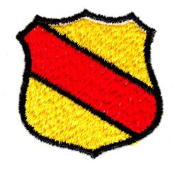 Bold shield with yellow background, red diagonal stripe, and thick black outline, perfect for sports gear.