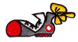 Playful shoe with a red toe and a yellow bow, featuring black detailing. Whimsical and colorful design for children's apparel