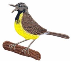 Realistic embroidered bird with a yellow belly and brown wings singing on a log, showcasing detailed feathers.