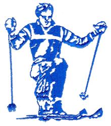 Stylized skier in dynamic pose with raised ski poles, outlined in blue, capturing winter snow sports energy.