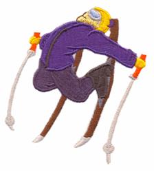 Cartoon skier in mid-air, wearing a purple jacket and yellow goggles, showcasing vibrant winter sports fun.