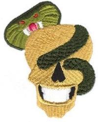 Bold skull with a broad smile intertwined with a vibrant green snake, showcasing detailed colors and menacing expression.