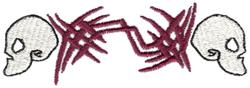 Gothic skulls in edgy design, outlined in dark hues, linked by deep burgundy spider web.