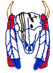 Stylized skull with intricate detailing, adorned with vibrant blue and red feathers, bold artistic design.