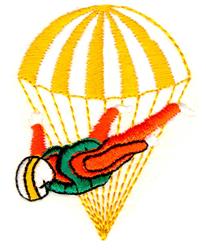 Playful skydiver in vibrant green and orange outfit, descending with a yellow and white striped parachute.
