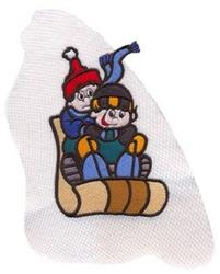 Two cartoon children on a sled, joyfully wearing colorful winter hats, in a playful winter scene.