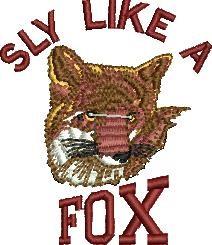 Whimsical fox head with a sly expression and vibrant colors, featuring 'SLY LIKE A FOX' text in playful embroidery.