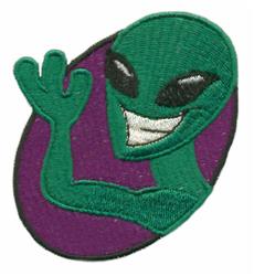 Playful green alien character with big black eyes, smiling and waving against a vibrant purple background.