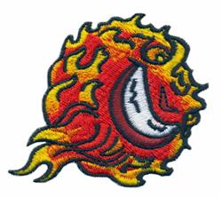 Cartoonish smiling flame character with vibrant red flames, yellow accents, and a playful smile, perfect for applique.