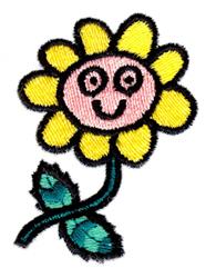 Playful flower applique with bright yellow petals, pink smiling face, and green leaves, perfect for cheerful decor.