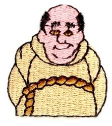 Cheerful cartoon monk with a round face, braided rope belt, in soft beige and pink tones; playful design.