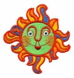 Cheerful smiling sun with a green face, bright yellow rays, and playful blue and orange accents in a vibrant design.
