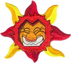 Cartoon smiling sun with a joyful face, vibrant rays in yellow, red, and orange for a playful appeal.