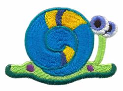 Playful cartoon snail with a blue spiral shell, yellow accents, green body with purple spots; perfect for kids.