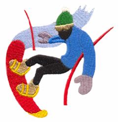 Colorful snowboarder in action with a blue shirt and green hat, riding a red snowboard in winter snow.