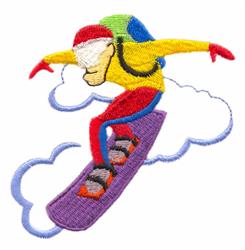 Cartoonish snowboarder in vibrant attire on a purple snowboard, surrounded by fluffy clouds; ideal for winter fun.