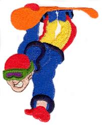 Cartoon snowboarder in vibrant blue pants and yellow shirt, performing a trick on an orange snowboard this winter.