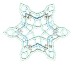 Delicate snowflake in light blue threads with intricate geometric patterns on a white background, perfect for winter.