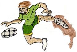 Cartoonish soccer player in a green jersey performs a dynamic kick on a black and white ball, perfect for kids' sports.