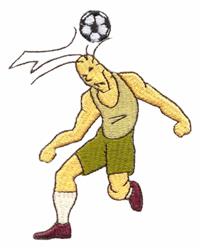 Cartoon soccer player in vibrant yellow and green, balancing a soccer ball on their head, showing dynamic motion.