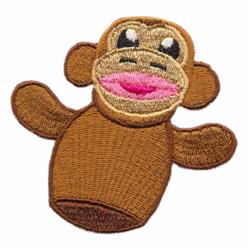 Cheerful sock monkey featuring a brown body, pink mouth, and large black eyes, perfect for playful home decor.