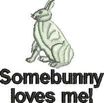 Playful rabbit in light colors with simple lines, beside bold text 'Somebunny loves me!' for Easter decor.