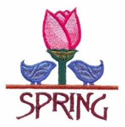 Colorful spring applique featuring a vibrant pink flower and blue birds, with 'SPRING' text below.