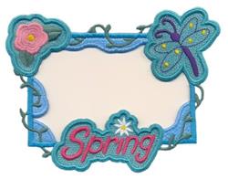 Colorful frame with whimsical details, featuring a pink flower and green dragonfly on a light blue background, celebrating Sp