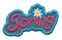 'Spring' in bright pink with a playful flower, set against a light blue background, capturing seasonal cheer.
