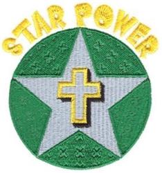 Applique star within a vibrant green circle, featuring a silver star and yellow cross with bold 'STAR POWER' text.