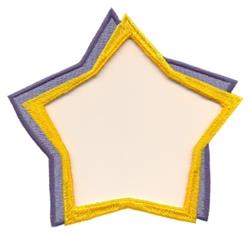 Vibrant star shape with a beige center, framed by yellow and purple outlines, perfect for cheerful projects.