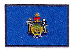State flag with a blue background featuring a detailed emblem of symbols and figures, ideal for machine embroidery.